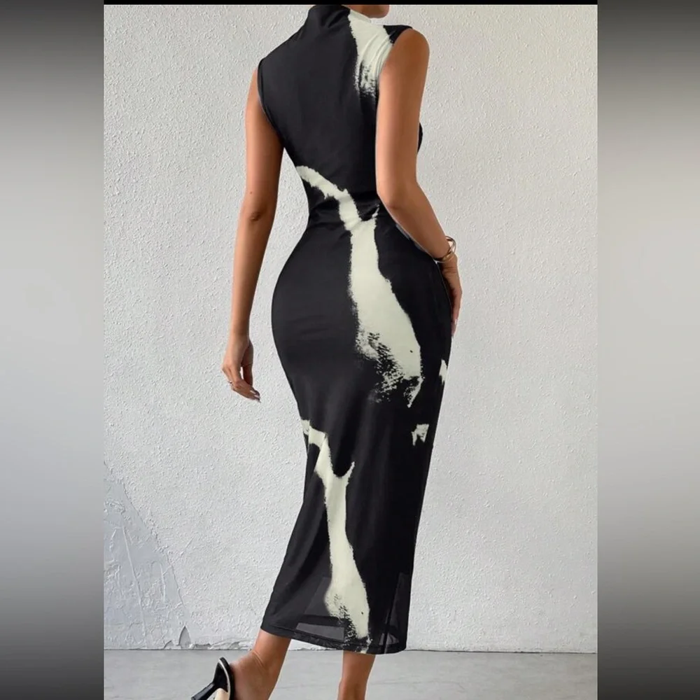 Black White SMALL Summer Tie-Dye Printed Mesh Sleeveless Dress - Picture 3 of 10